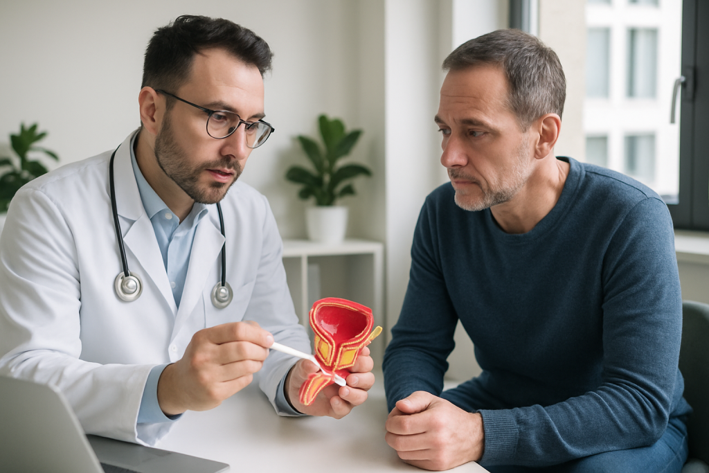 Urolog objašnjava pacijentu operaciju prostate u savremenoj ambulanti